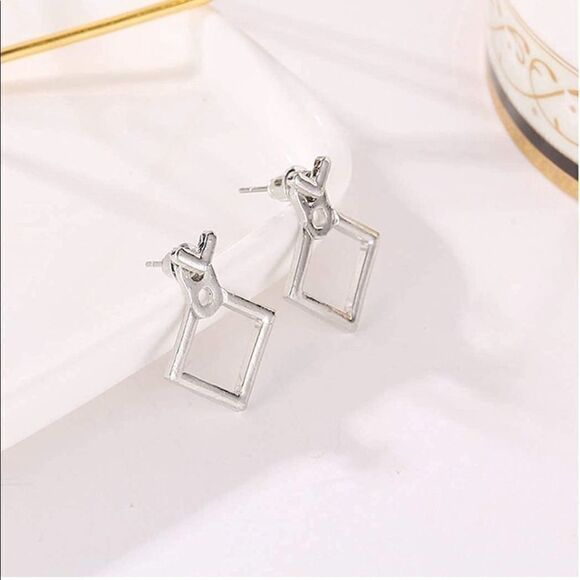 Silver Tone Square Jacket Stud Earrings - Picture 2 of 8